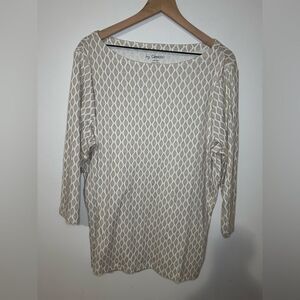 Chico’s Diamond Boat Neck Tee Top SZ 4 US XXL 3/4 Sleeve Pullover Color Taupe